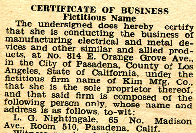 Fict. Bus. Name statement 1931 Kim Manuf. Co.